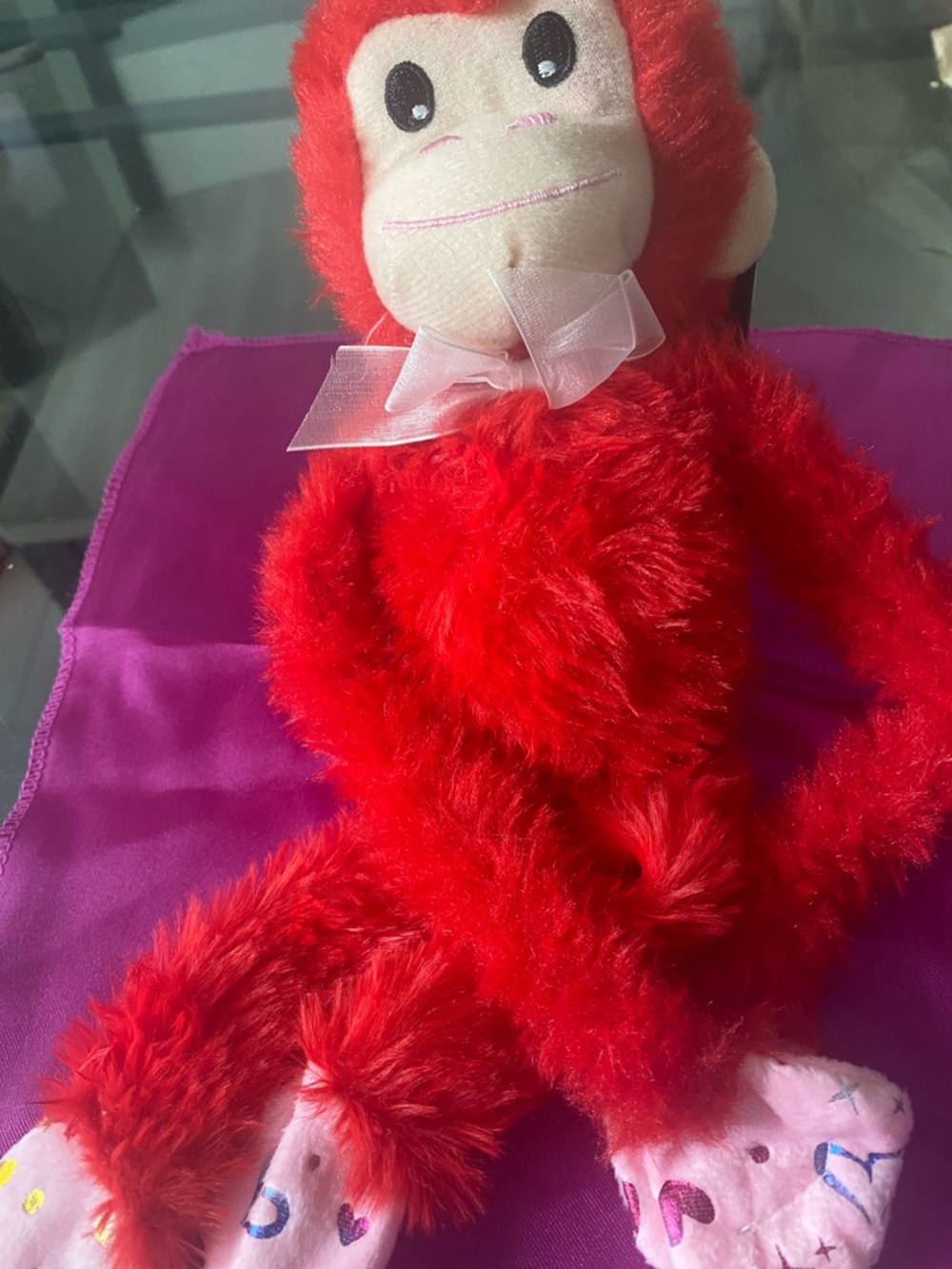 Red Plush Monkey Toy with Ribbon Bow - Kids Soft Stuffed Animal